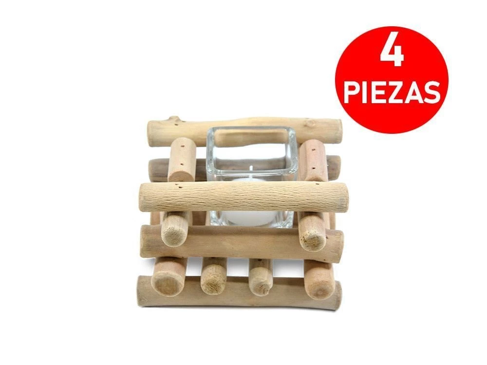 934Ñ - Porta Velas de Vidrio y Madera x 4 uni.