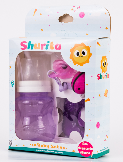 316 - Baby Set Pepón en caja:mamadera pepona, chupete todo silicona, mordillo refrigerante y portachupete con peluche